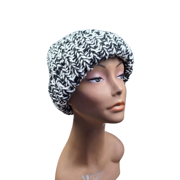 Black & White Marled Beanie with Brim